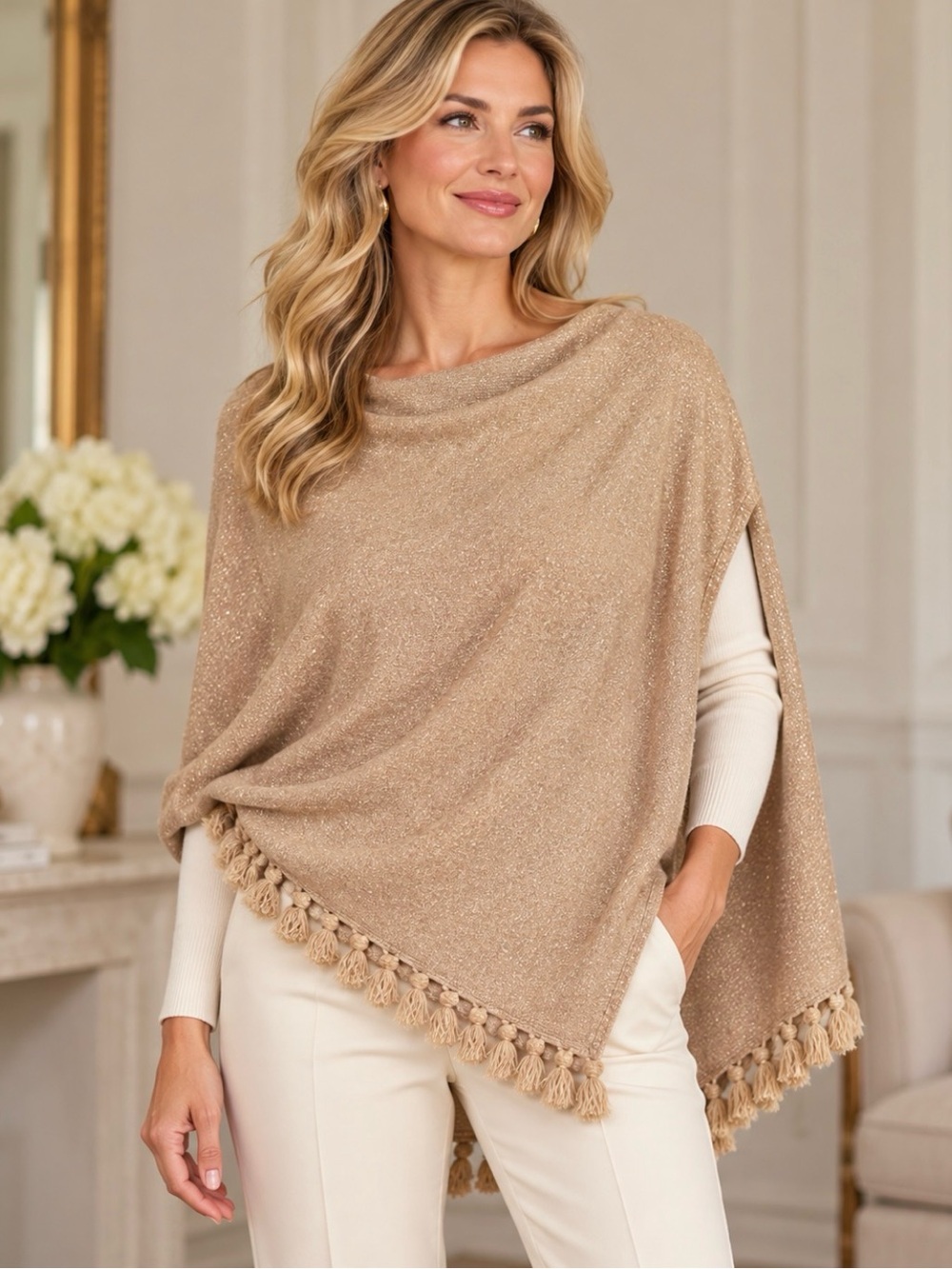 Lilly Pulitzer Limonada Gold Metallic Cashmere Wrap Cape Tassel Fringe 1SZ